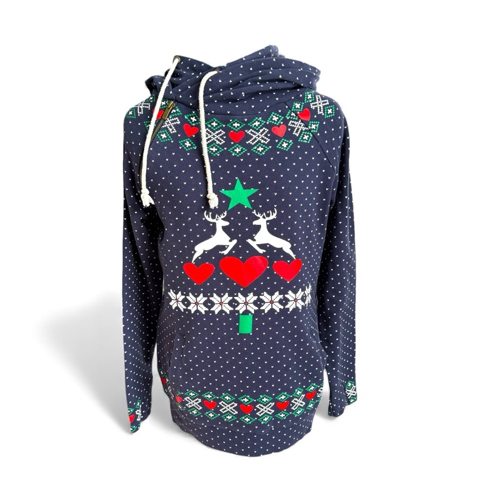 AMPERSAND AVE Navy Hoodie with Reindeer and Heart Design
